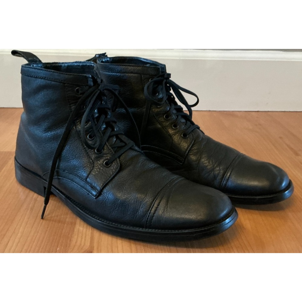 Bacco Bucci Men's Black Leather Lace-Up Boots Size 9.5 – Cap Toe Rubber Sole‎